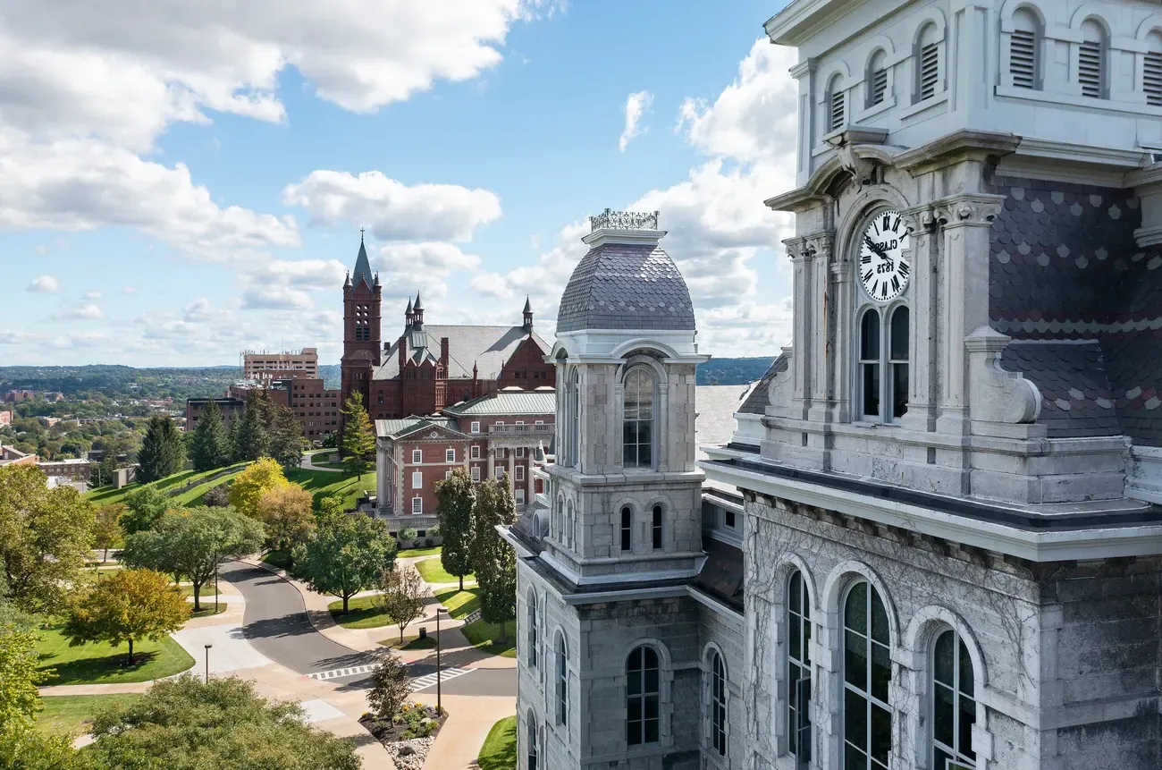 Drone shot of Syracuse University campus.